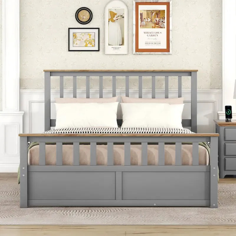 Wood Slat Platform Bed Frame with Vertical Hollows Headboard and Footboard, Low Profile Bed, Panel Bed 2 Drawers