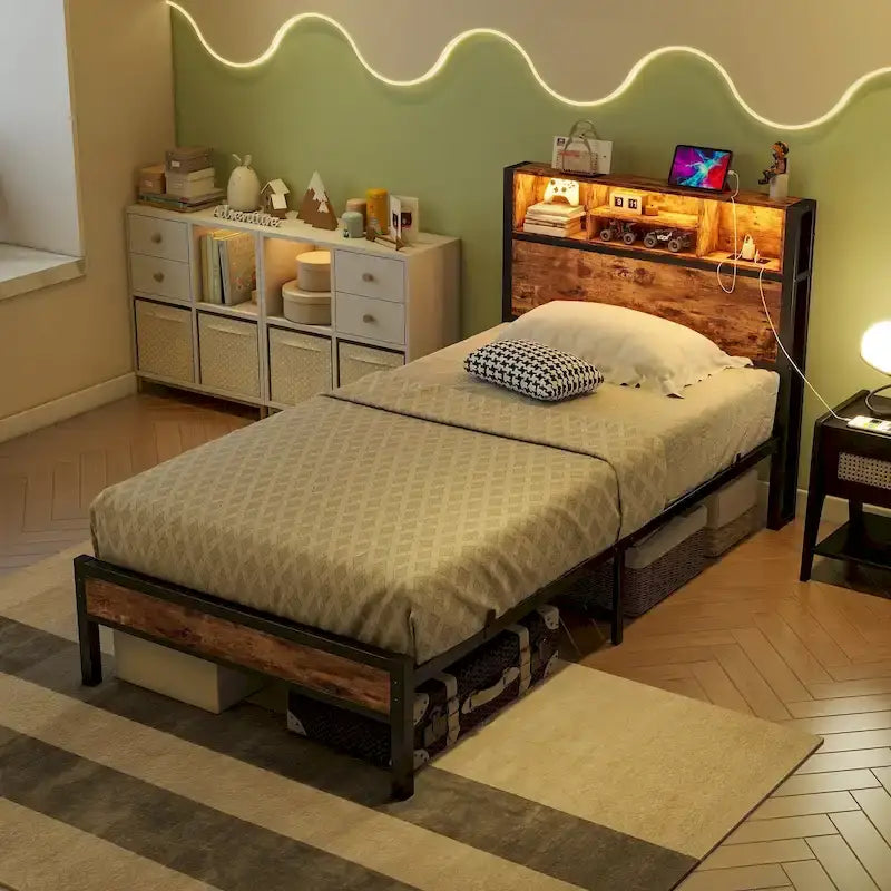 Twin Size Bed Frame with Storage Headboard, Metal Platform Bed with Charging Station, Bookcase Storage, No Box Spring Needed