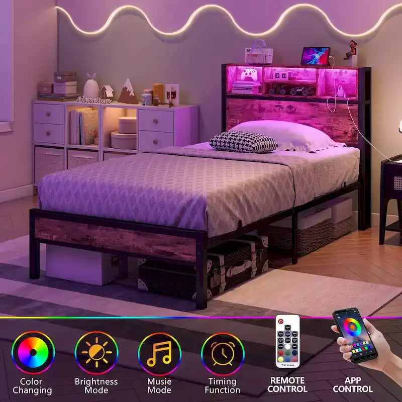 Twin Size Bed Frame with Storage Headboard, Metal Platform Bed with Charging Station, Bookcase Storage, No Box Spring Needed