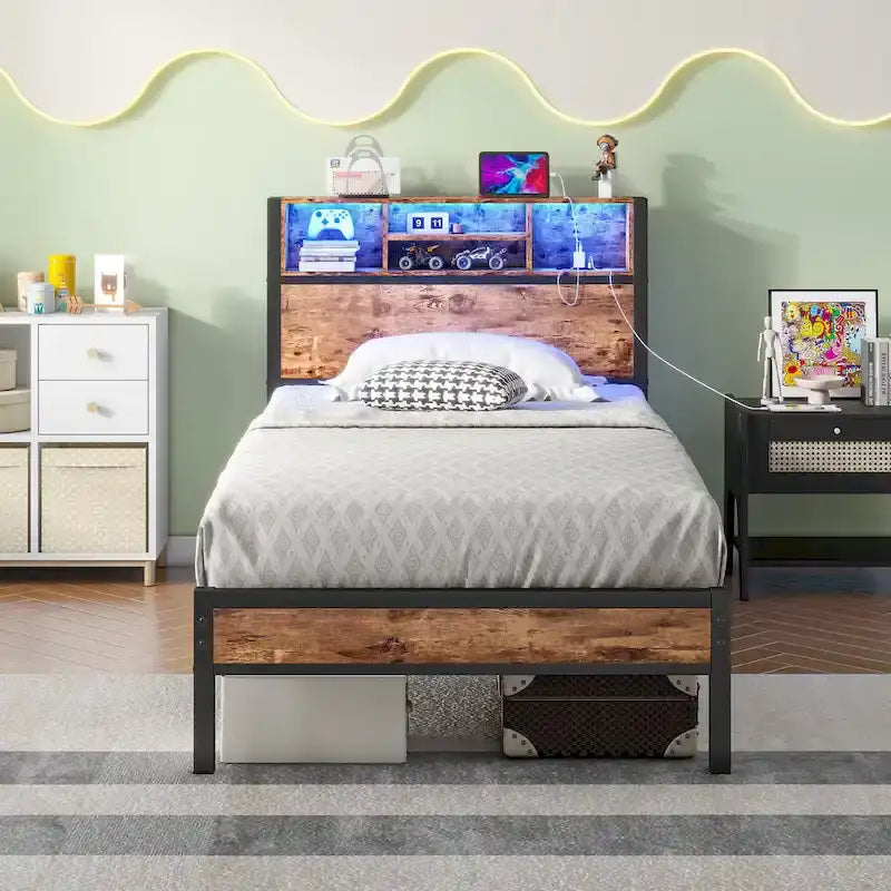 Twin Size Bed Frame with Storage Headboard, Metal Platform Bed with Charging Station, Bookcase Storage, No Box Spring Needed