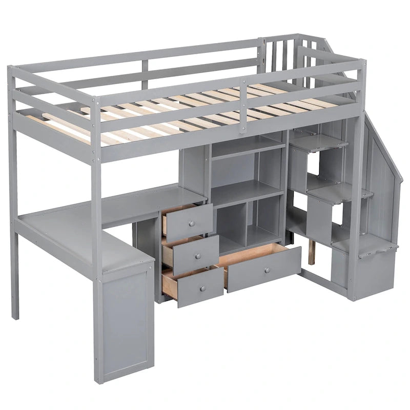 Twin Size Loft Bed w/L-Shaped Desk,Drawers,Cabinet,Storage Staircase