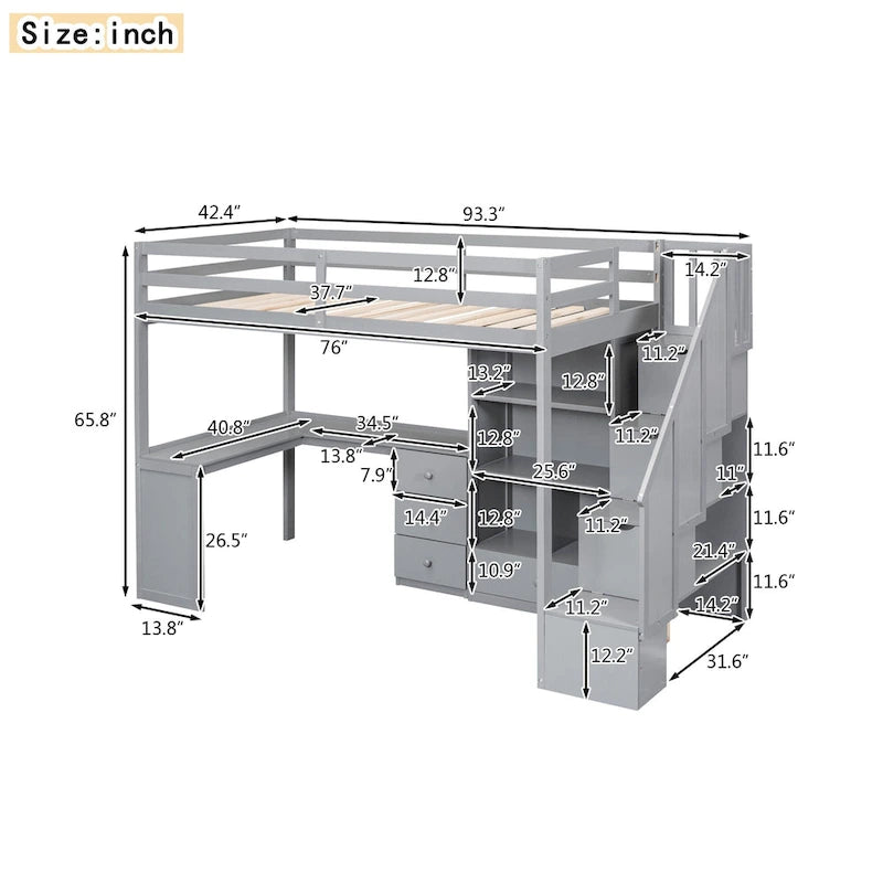 Twin Size Loft Bed w/L-Shaped Desk,Drawers,Cabinet,Storage Staircase