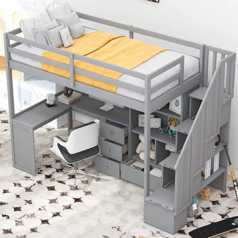 Twin Size Loft Bed w/L-Shaped Desk,Drawers,Cabinet,Storage Staircase