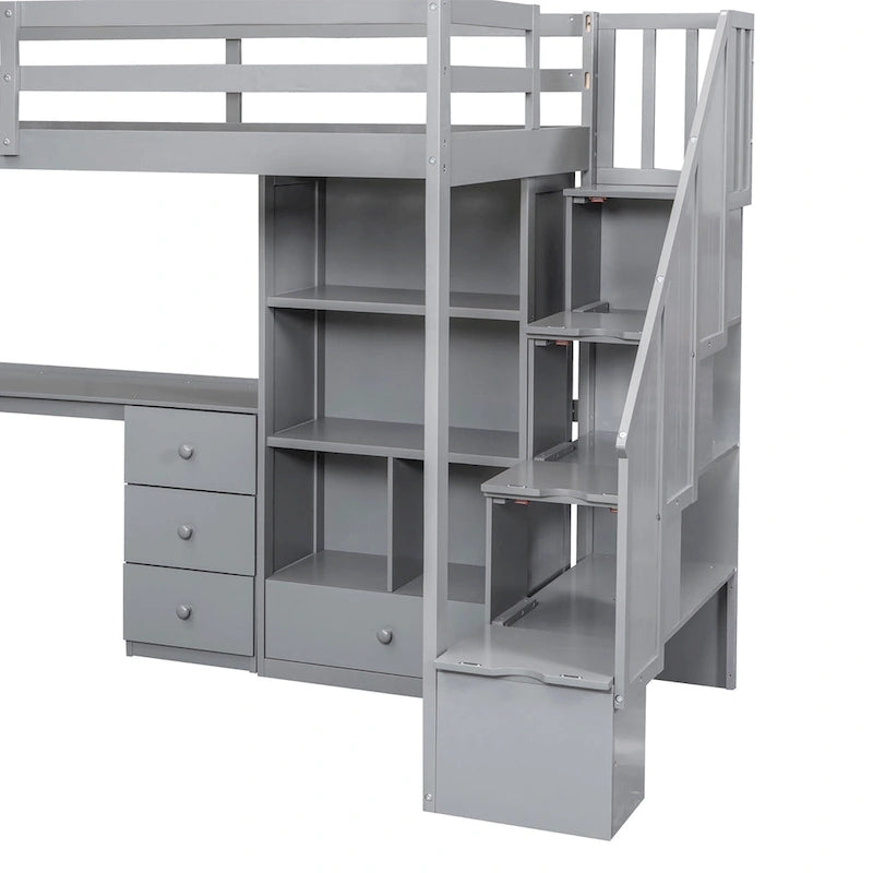 Twin Size Loft Bed w/L-Shaped Desk,Drawers,Cabinet,Storage Staircase