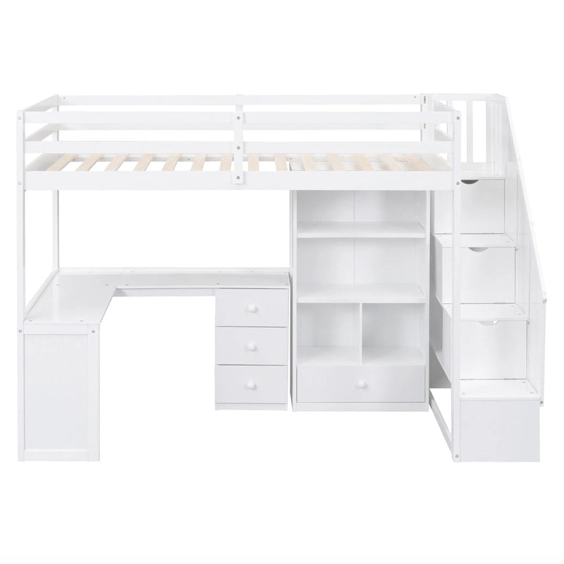 Twin Size Loft Bed w/L-Shaped Desk,Drawers,Cabinet,Storage Staircase