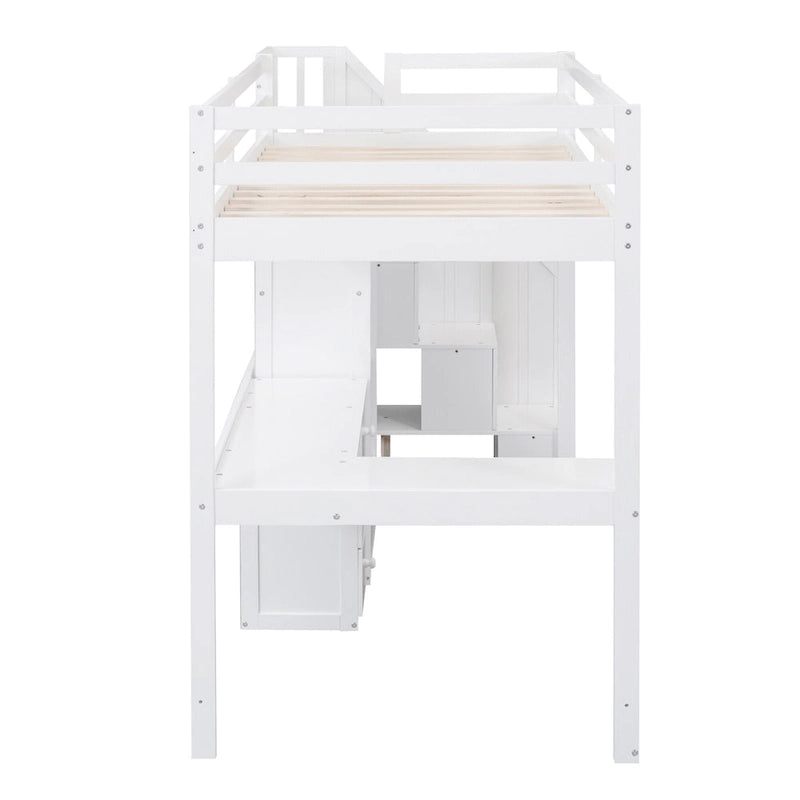 Twin Size Loft Bed w/L-Shaped Desk,Drawers,Cabinet,Storage Staircase