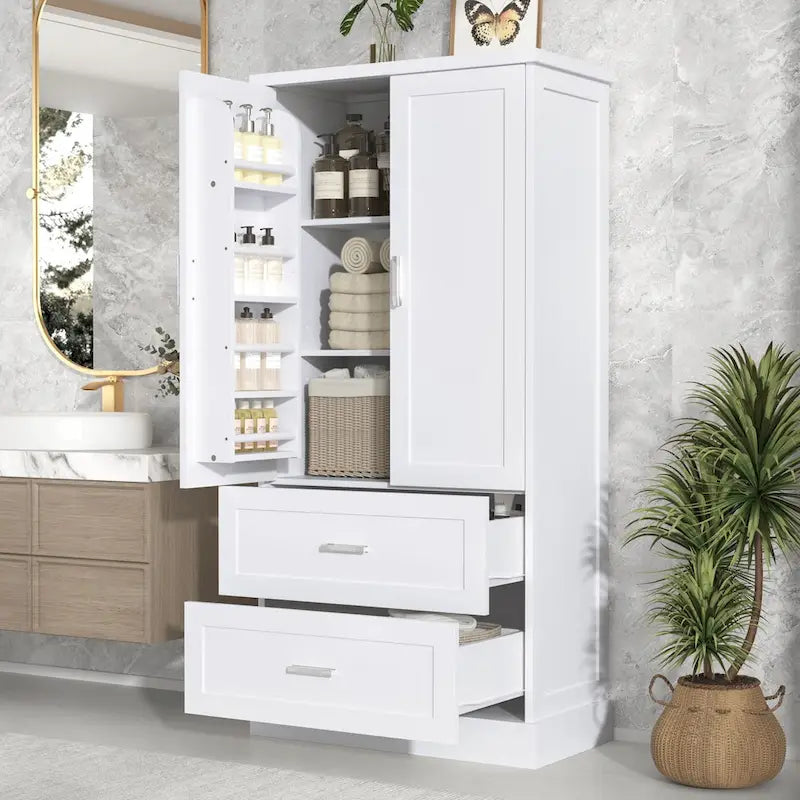 Tall Bathroom Storage Cabinet Cabinet with Two Doors and Drawers Adjustable Shelf MDF Board