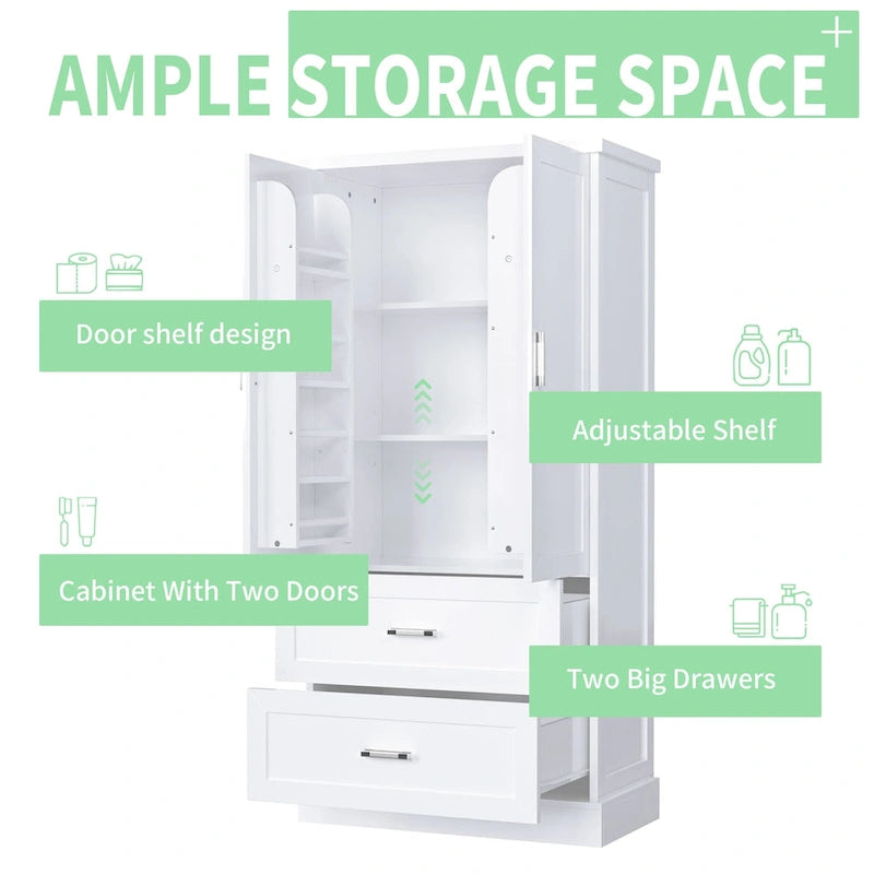 Tall Bathroom Storage Cabinet Cabinet with Two Doors and Drawers Adjustable Shelf MDF Board