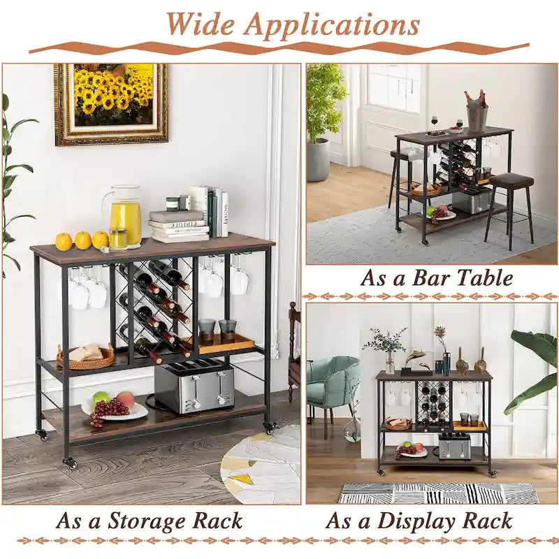 Gymax Industrial Liquor Bar Cart Rolling Kitchen Serving Cart w/ Wine