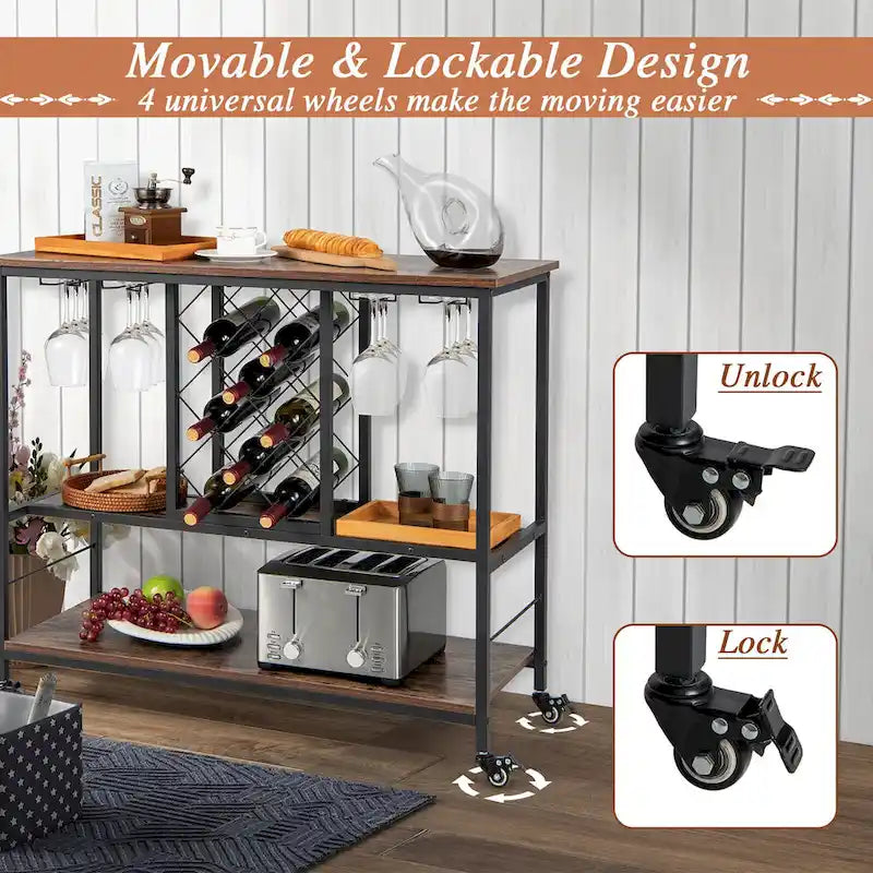 Gymax Industrial Liquor Bar Cart Rolling Kitchen Serving Cart w/ Wine