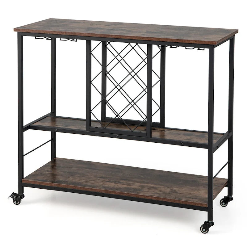 Gymax Industrial Liquor Bar Cart Rolling Kitchen Serving Cart w/ Wine