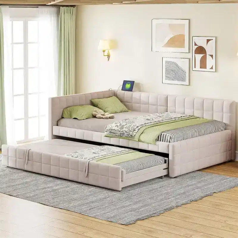 Full Size Upholstered Daybed with Twin Size Pop Up Trundle and USB Ports, Modern Daybed Frame Sofa Bed with L-Shaped Backrest