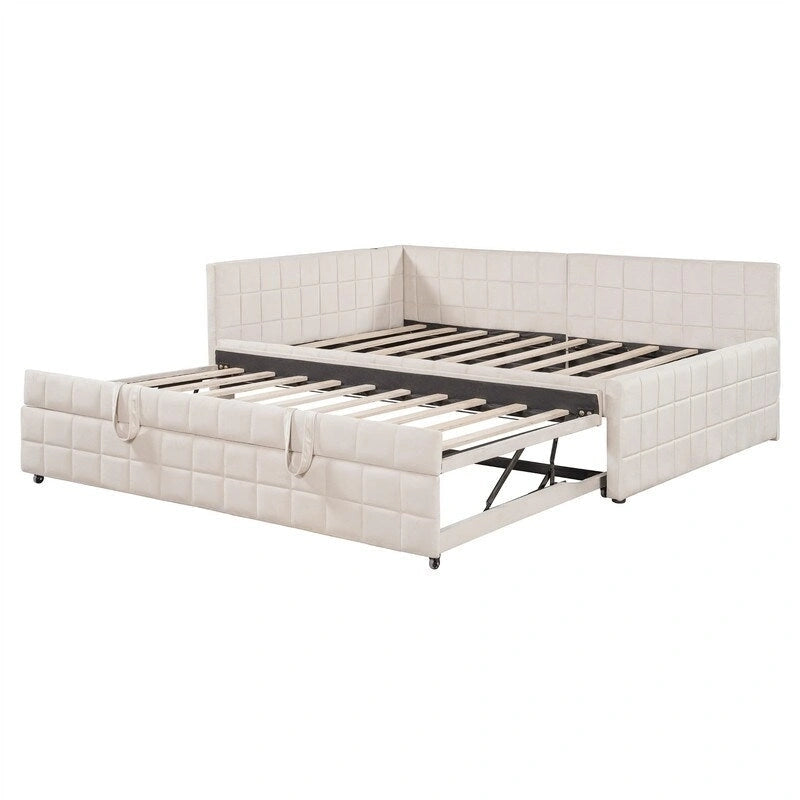 Full Size Upholstered Daybed with Twin Size Pop Up Trundle and USB Ports, Modern Daybed Frame Sofa Bed with L-Shaped Backrest
