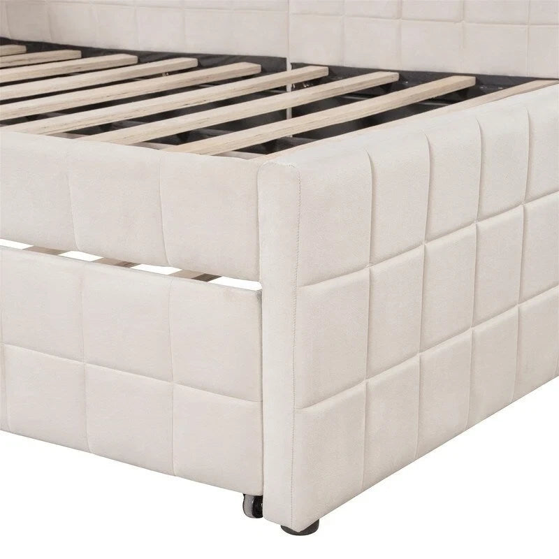 Full Size Upholstered Daybed with Twin Size Pop Up Trundle and USB Ports, Modern Daybed Frame Sofa Bed with L-Shaped Backrest