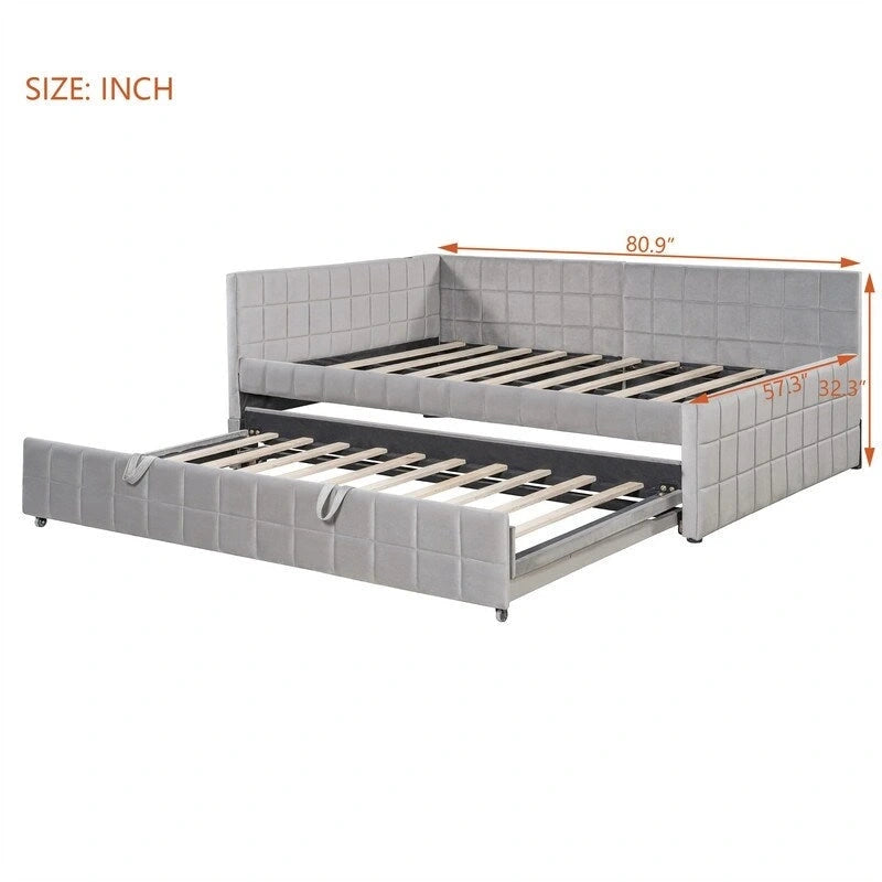 Full Size Upholstered Daybed with Twin Size Pop Up Trundle and USB Ports, Modern Daybed Frame Sofa Bed with L-Shaped Backrest