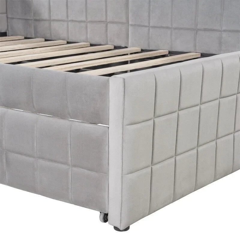 Full Size Upholstered Daybed with Twin Size Pop Up Trundle and USB Ports, Modern Daybed Frame Sofa Bed with L-Shaped Backrest