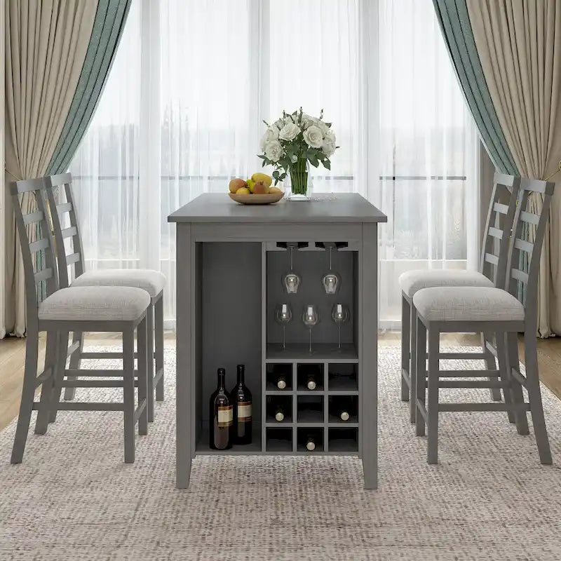 Multi-Functional Counter Height Dining Set Kitchen Bar Dining Table Set with 9 Wine Compartment Wine Glass Holders for Kitchen