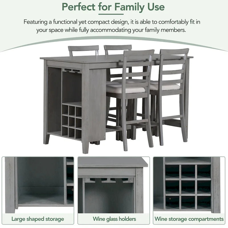 Multi-Functional Counter Height Dining Set Kitchen Bar Dining Table Set with 9 Wine Compartment Wine Glass Holders for Kitchen