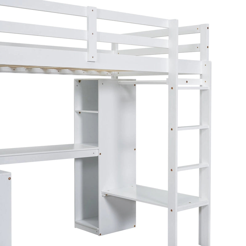 Twin Size Loft Bed Frame with L Shaped Desk, Wardrobe and Shelves
