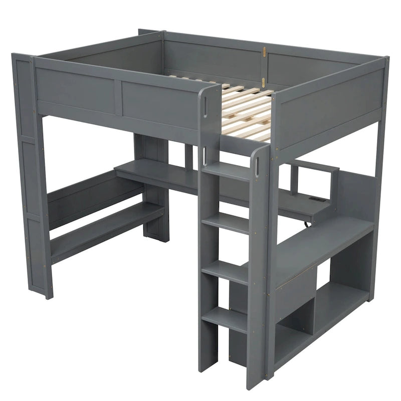 Wood Twin Size Gaming Loft Bed with Desk, Multi-storage Shelves, LED and Charging Station, Dark Gray