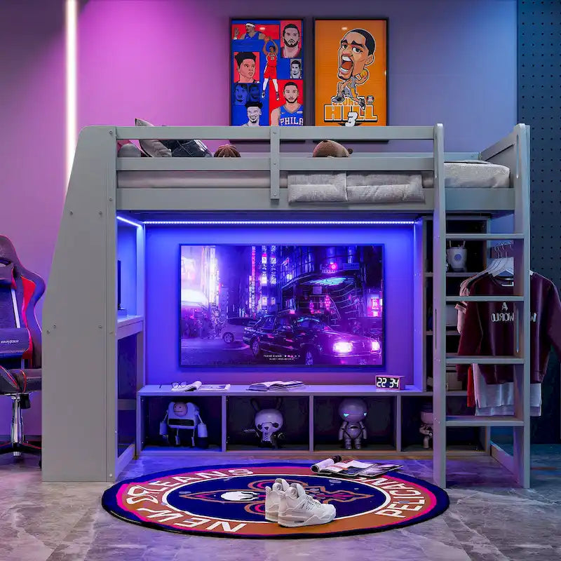 Twin Size Loft Bed Mulfunctional Wood Loft Bed w/Desk, Multi-storage Shelves, LED and Hanging Clothes Rack, No Box Spring Needed