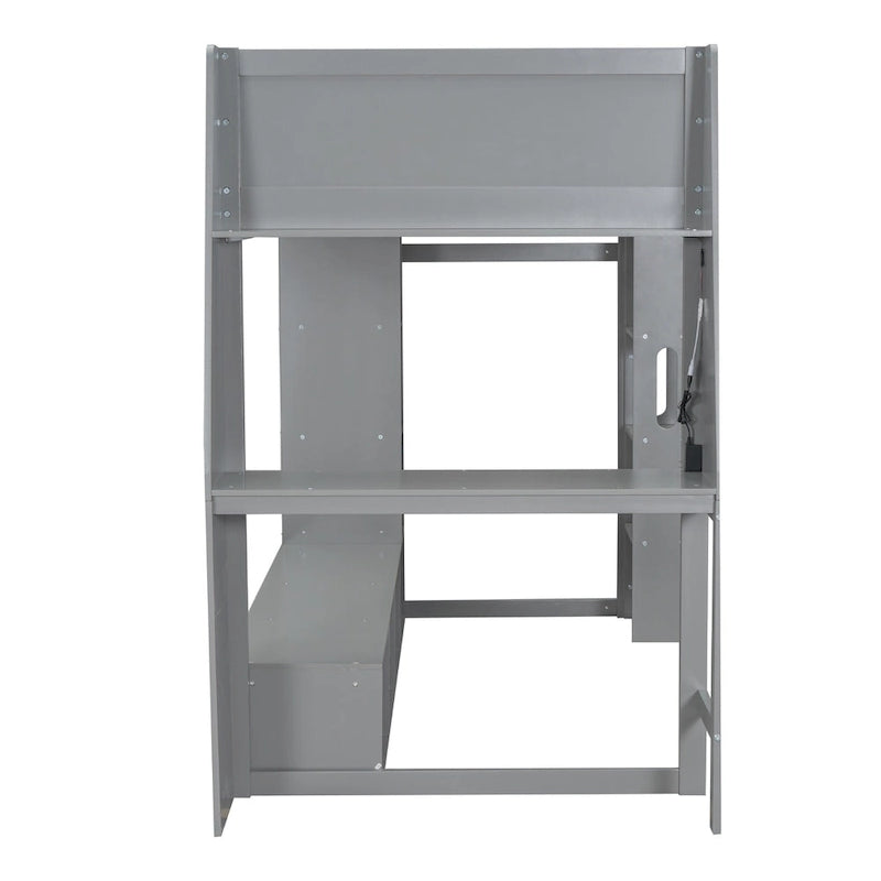 Twin Size Loft Bed Mulfunctional Wood Loft Bed w/Desk, Multi-storage Shelves, LED and Hanging Clothes Rack, No Box Spring Needed