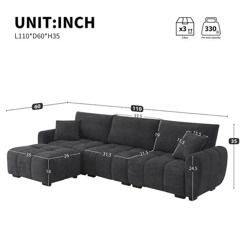 100 L-Shaped Sofa Boucle Fabric Couch with Movable Ottoman