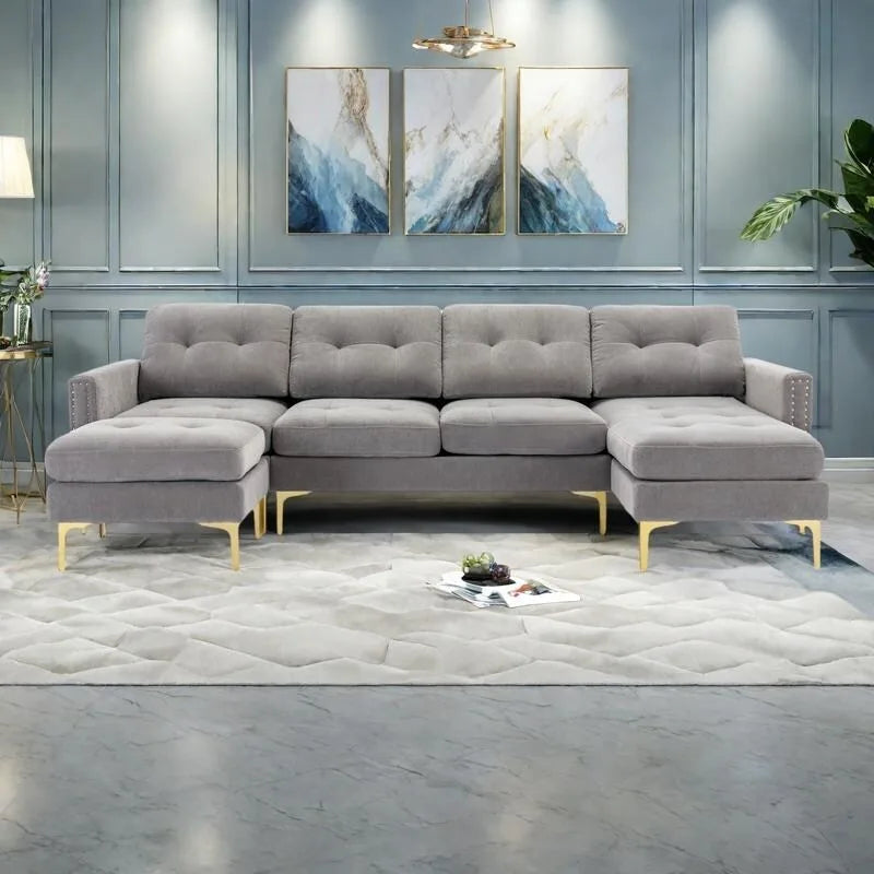 110.6 Velvet L-Shaped Sectional Sofa with Movable Ottoman and Storage Pockets