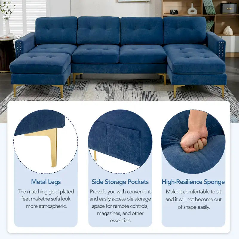 110.6 Velvet L-Shaped Sectional Sofa with Movable Ottoman and Storage Pockets