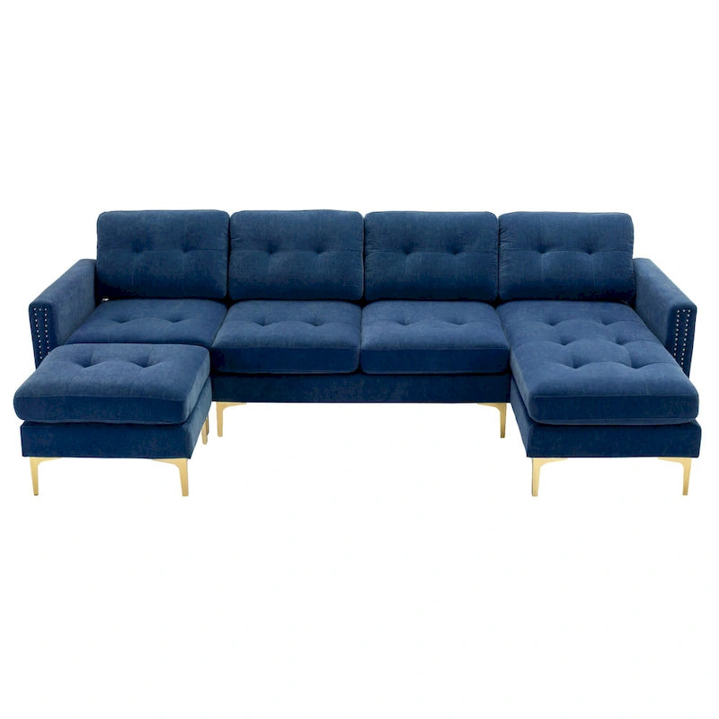 110.6 Velvet L-Shaped Sectional Sofa with Movable Ottoman and Storage Pockets