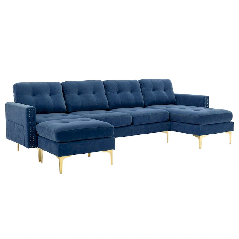 110.6 Velvet L-Shaped Sectional Sofa with Movable Ottoman and Storage Pockets