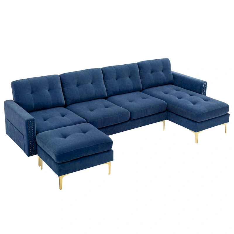 110.6 Velvet L-Shaped Sectional Sofa with Movable Ottoman and Storage Pockets