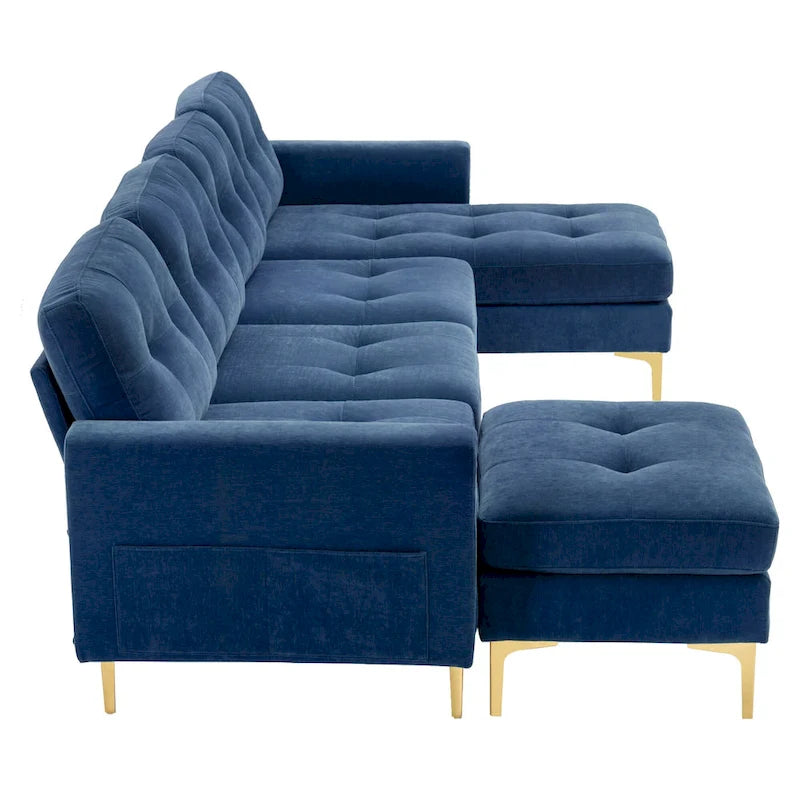 110.6 Velvet L-Shaped Sectional Sofa with Movable Ottoman and Storage Pockets