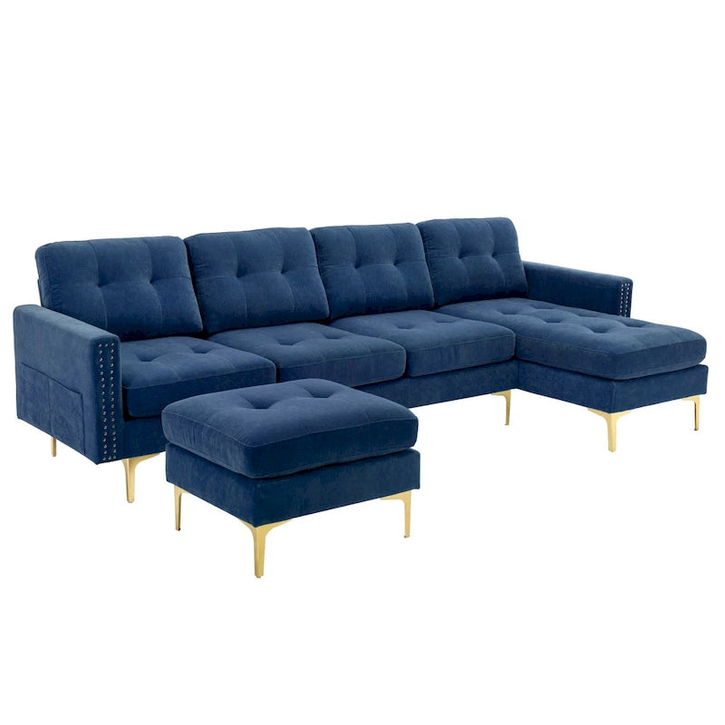 110.6 Velvet L-Shaped Sectional Sofa with Movable Ottoman and Storage Pockets