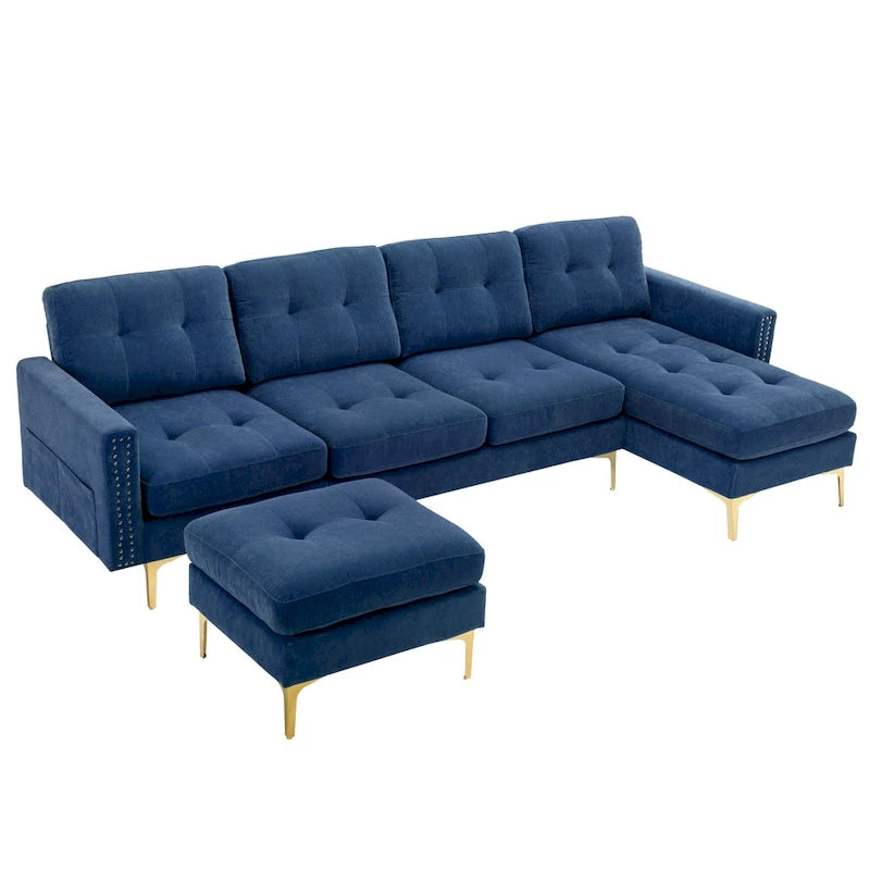 110.6 Velvet L-Shaped Sectional Sofa with Movable Ottoman and Storage Pockets