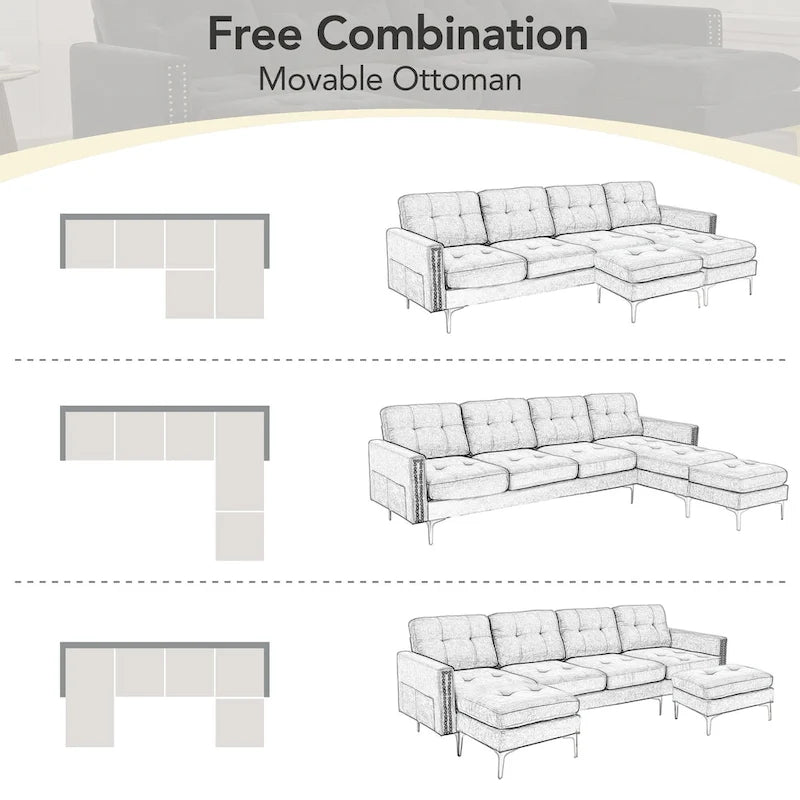 110.6 Velvet L-Shaped Sectional Sofa with Movable Ottoman and Storage Pockets