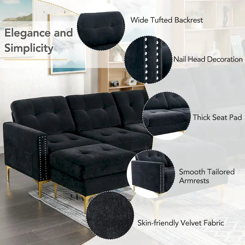 110.6 Velvet L-Shaped Sectional Sofa with Movable Ottoman and Storage Pockets