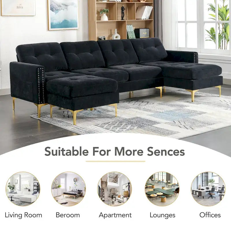 110.6 Velvet L-Shaped Sectional Sofa with Movable Ottoman and Storage Pockets