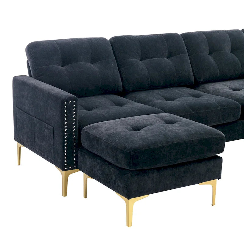 110.6 Velvet L-Shaped Sectional Sofa with Movable Ottoman and Storage Pockets