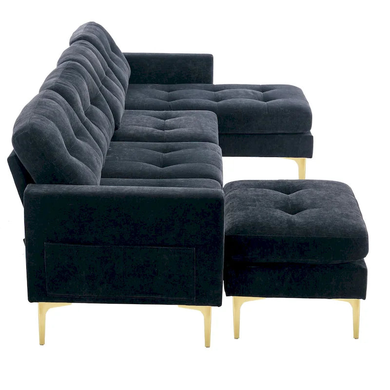 110.6 Velvet L-Shaped Sectional Sofa with Movable Ottoman and Storage Pockets