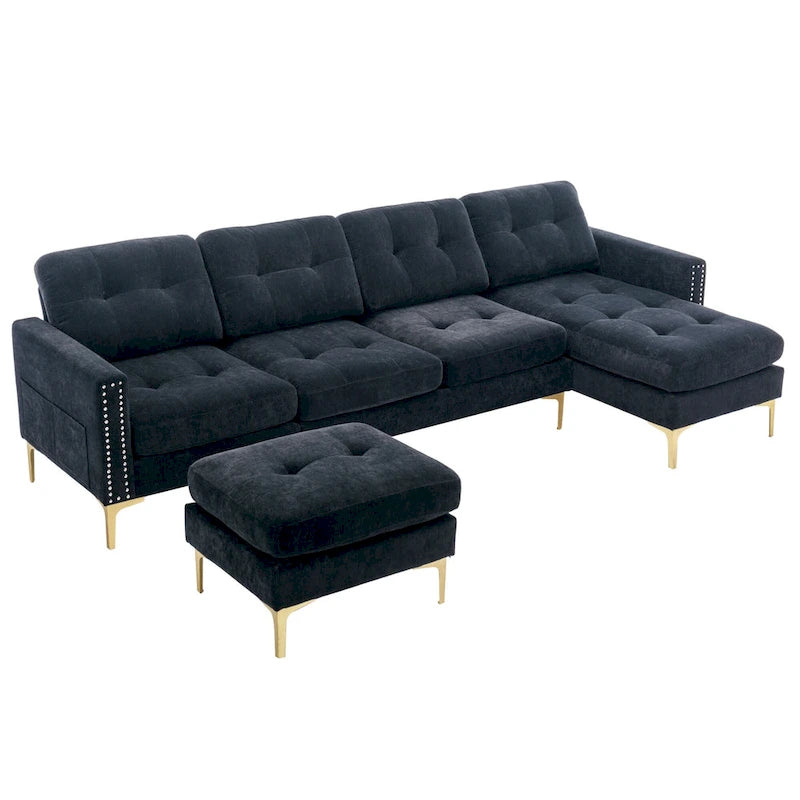110.6 Velvet L-Shaped Sectional Sofa with Movable Ottoman and Storage Pockets