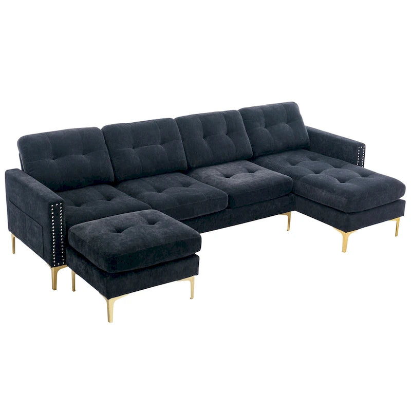 110.6 Velvet L-Shaped Sectional Sofa with Movable Ottoman and Storage Pockets