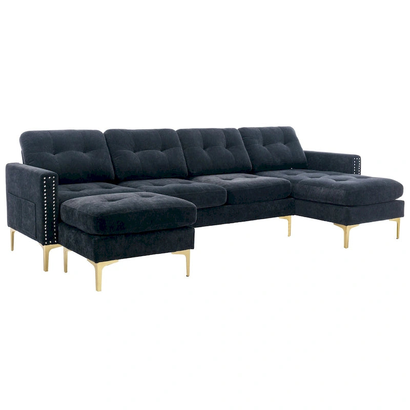 110.6 Velvet L-Shaped Sectional Sofa with Movable Ottoman and Storage Pockets