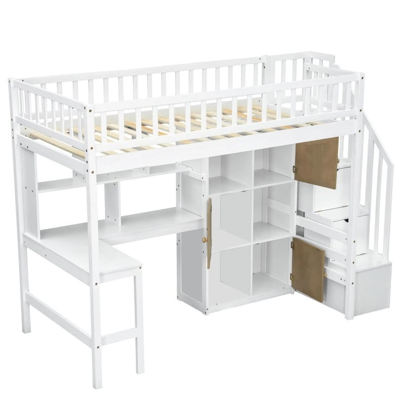 Twin Size Loft Bed with Bulit-in Desk, LED Light and Storage Staircase, Wooden Loft Bedframe with Storage Shelves and Cabinets