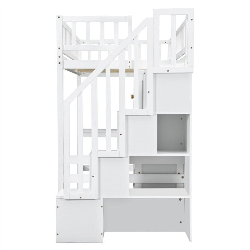 Twin Size Loft Bed with Bulit-in Desk, LED Light and Storage Staircase, Wooden Loft Bedframe with Storage Shelves and Cabinets