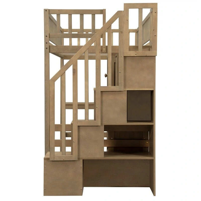 Twin Size Loft Bed with Bulit-in Desk, LED Light and Storage Staircase, Wooden Loft Bedframe with Storage Shelves and Cabinets