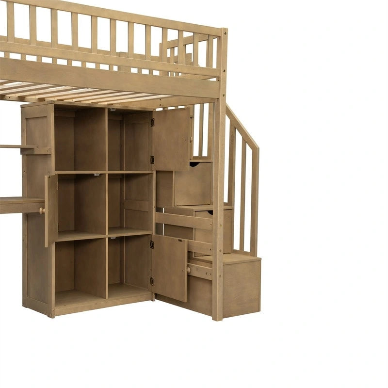 Twin Size Loft Bed with Bulit-in Desk, LED Light and Storage Staircase, Wooden Loft Bedframe with Storage Shelves and Cabinets
