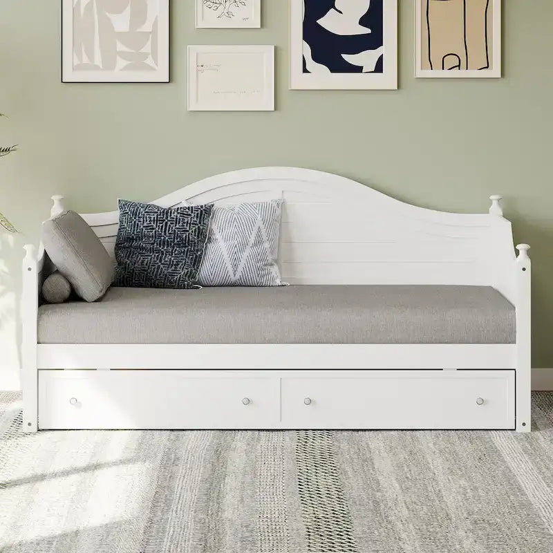 Wooden Daybed with 2 Storage Drawers, Twin Size Storage Platform Bed - Twin Size Extendable Day-bed Pop-up Trundle Bed, Sofa Bed