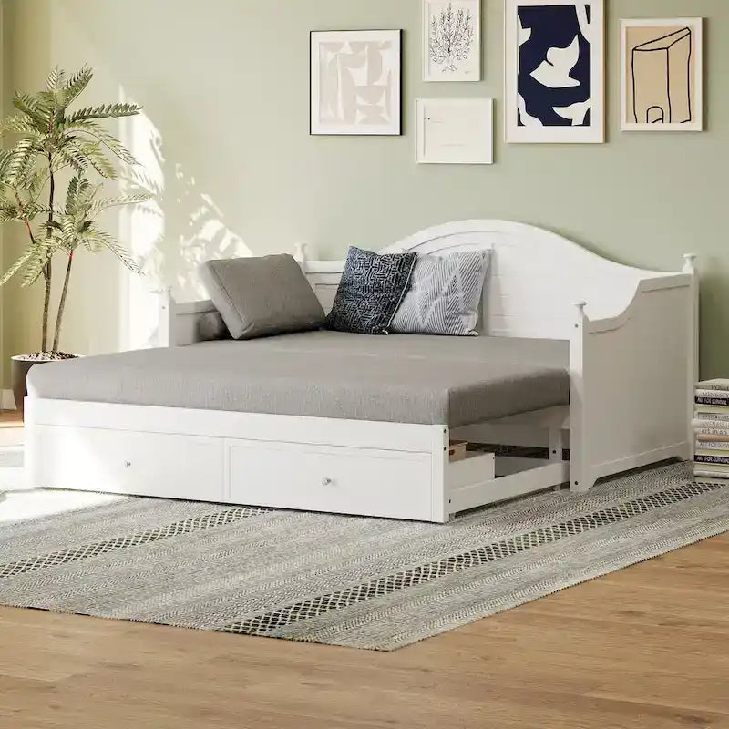Wooden Daybed with 2 Storage Drawers, Twin Size Storage Platform Bed - Twin Size Extendable Day-bed Pop-up Trundle Bed, Sofa Bed