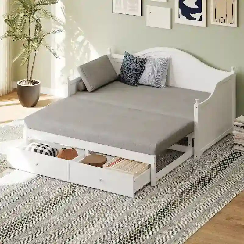 Wooden Daybed with 2 Storage Drawers, Twin Size Storage Platform Bed - Twin Size Extendable Day-bed Pop-up Trundle Bed, Sofa Bed